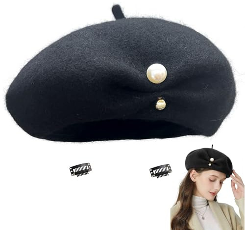 huablo French Beret - Premium Cashmere Beret with Pearl Decorative Details - Elegant Church Wool Hat for Women - Black