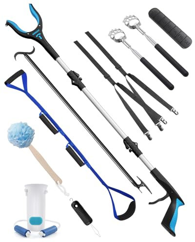Kekoy, 10 piezas de ayuda para la Recuperación de Cadera con poca movilidad, Agarrador, Calzador, Bastón para vestirse, Elevador de piernas, Esponja, Rascador, Gancho para botones y pastillero (azul)