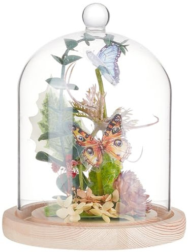 BENECREAT Cloche Dôme en Verre de 140x195mm avec Poignée Supérieure Ronde Cache Verre à Fleurs Éternelles avec Base en Bois pour Spécimens de Plantes Décoration DIY