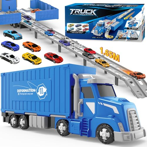 maysida Transport Trucks Toys with 6 Race Cars for Boys, Portable Truck Car Track/Car Garage/Box Truck 3-in-1 Carrier Trucks, Birthday Carrier Vehicles Toy Set for Kids Age 3 4 5 6 Year Old Boys Girls