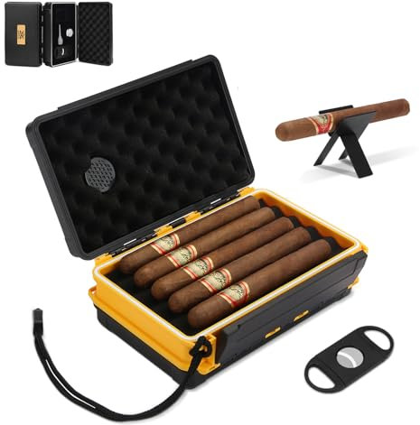 Cigar Travel Humidor for 5 Cigars (50RG), Portable Complete Set with Cutter, Stand, Hygrometer and Humidifier, Gift Set for Cigar Lovers (Yellow)