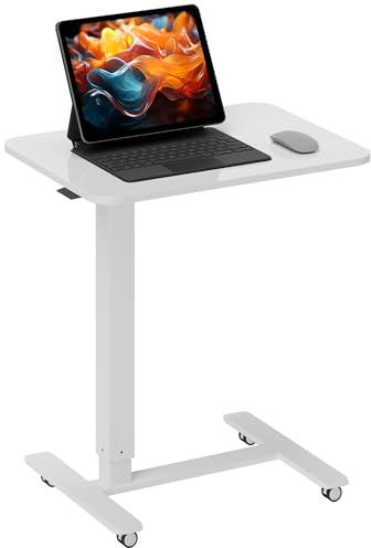 HOMCOM Height Adjustable Standing Desk, Pneumatic Sit Stand Desk for Laptop, Mobile Overbed Table with Wheels for Home Office, White
