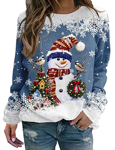Jerseys Navideños Sueter Anchas Original Sweatshirt Suave y Cálida Top Shirt Blusas Ugly Christmas Sweater Cuello Redondo Manga Larga Otoño Estampado de muñeco Nieve navideño Mujeres Sudaderas