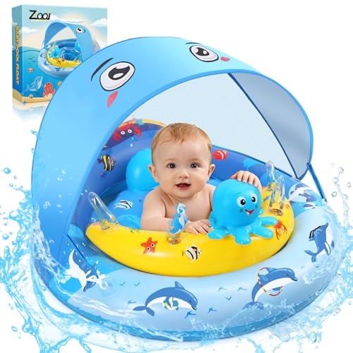 ZOOI Flotador para Bebé a Bebe con Sombrilla, UPF 50+ Flotador Bebe con Sombrilla y Asiento de Seguridad, Entrenador de NatacióN Adecuado Bebe para 5-20 KG, Bola de Equilibrio para Evitar Vuelcos