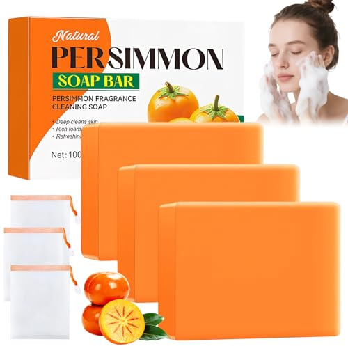 3 Piezas Jabón De Caqui,Natural De Kaki Para Rostro Y Cuerpo, Jabón Natural Desodorante De Caqui Para Hombres & Mujeres,Limpieza Profunda, Apta Para Todo Tipo De Pieles