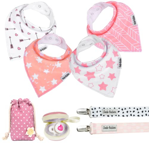 Dodo Babies Bandana Drool Bib Set – Four 100% Cotton Bibs with Soft Polyester Lining, 2 Pacifier Clips, Binky Case, Pink Gift Bag for Baby Girl or Boy Shower – Adjustable Snap Fit for 3-24 Months