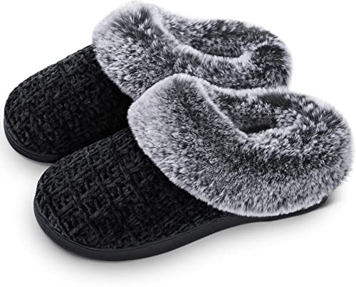 DL Women's House Slippers with Fuzzy Plush Faux Fur Collar, Memory Foam Slip on House Shoes with Indoor Outdoor Anti-Skid Rubber Sole, Black, 7-8