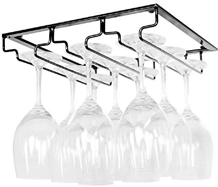 FIAMER Porta Bicchieri da Vino Supporto per Calici in Metallo per Bar e Cucina Gancio Sottopensile Organizer in Acciaio Inox Scaffale di Stoccaggio (Black, 3 Rows 1 Pack)