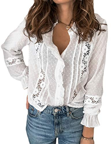 Minetom Chemisier Femmes Chic Blouse Manches Longues Dentelle Tunique Haut Tops Elégante Col V Bouton Slim Tee Shirt C Blanc L