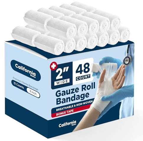 California Basics 48-Pack Gauze Bandage Roll with Tape, 2 Inches x 4 Yards - Soft, Stretchable & Breathable Wrap for Wound Care, First Aid & Medical Supplies - White