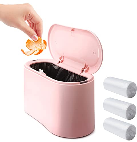 Business King Mini Desk Trash Can with Lid with 90 Pcs Trash Bag, Lint Bin 0.5 Gallon Countertop Waste Bin for Table Tiny Garbage Can for Office Bedroom (Pink)