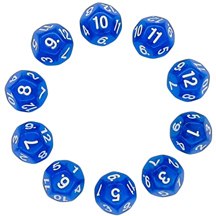 D12 Würfel, polyedrisches Würfel-Set, transparent, 12-seitig, für DND, MTG, RPG, Dungeons and Dragons, Party, transparent, blau, 10 Stück