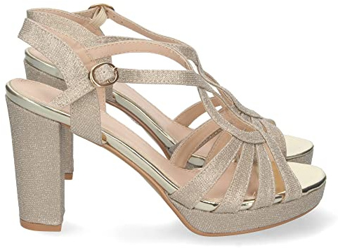 shoes&blues.es 69391-Sandalia de Tacon para Mujer, Comoda, con Pala en T, Estampado Brillante, y Cierre de Hebilla, Otono Invierno 2022. Talla 38 Oro