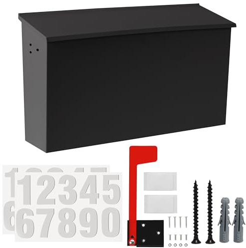 TonGass Wall Mount Mailbox for Outside, Metal Wall Mounted Mailbox with Flag and Number Stickers, Large Capacity Mail Box for House, Carbon Steel, Front Access, 15.74x9.44x4.72 - Black