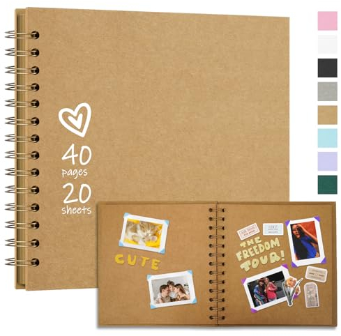 Vienrose 20,5 x 20,5 cm Fotoalbum zum Selbstgestalten und Einkleben mit 40 Seiten, Hardcover Kraftpapier Spiralalbum Scrapbook, DIY Sammelalbum für Hochzeit, Geburtstag, Jahrestag, Khaki
