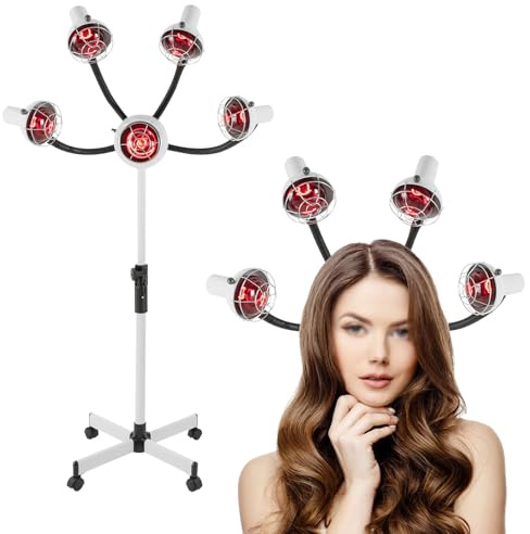 Lámpara de calor infrarrojo – Lámpara calefactora para el cabello con 5 cabezas procesador – Peluquería altura ajustable – para salón de belleza y otros lugares para el cuidado capilar