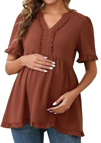 MARI GABRIEL Women Maternity Blouse Boho Ruffled V Neck Short Sleeve Shirts Flowy Loose Casual Tops Clothing 2026 XX-Large Brown