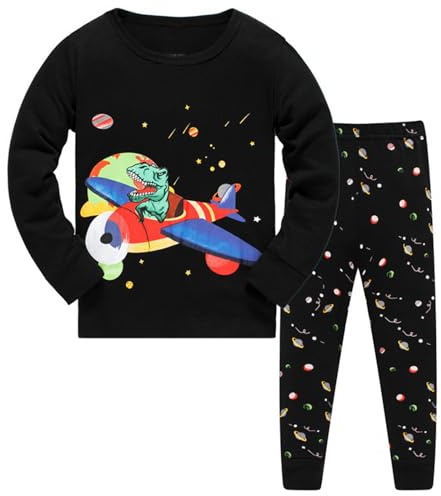 Combinaison de gymnastique enfant jogging enfant garçon été enfant enfant planète dinosaure coton 2 pièces pyjama manches longues costume de nuit costume homme, Noir , 5-6 ans
