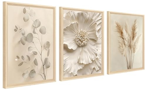 3 st träram canvastryck beige blomma pampasgräs målning eukalyptusblad krämbild väggdekoration vardagsrum sovrum hem 30 x 40 cm x 3 st (ingen plexiglas)