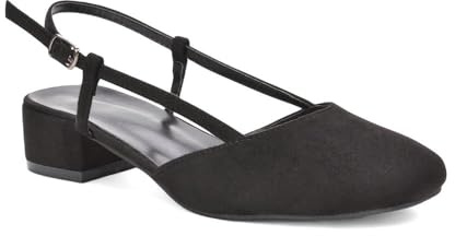 ESSEX GLAM Women's Slingback Court Shoes Ladies Black Faux Suede Buckle Strap Party Low Block Square Toe Comfy Heel Size 7