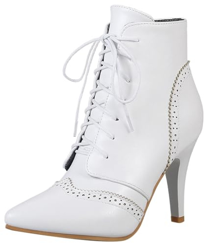 LarDorLin Cordones Tacón de Agujas Mujer Elegante Puntiagudo Botas Oficina Brogue Moda Snakeskin Tacón Alto Halloween Blanco Talla 38 EU (39 Cn)