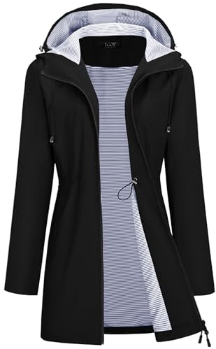 TCOT Women's Striped Lined Raincoats Waterproof Hooded Rain Jacket Active Windbreaker Jackets Long Trench Coat Black S