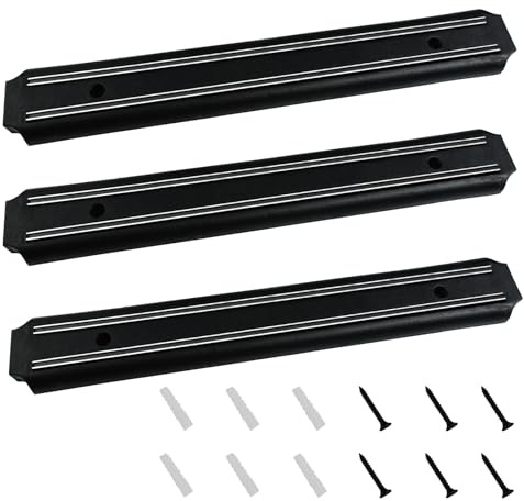 3 Piezas 33cm Iman Soporte Portacuchillas Portacuchillos Magnético Barra Cuchillos Acero Inoxidable Potente Cocina Magnetica Magnético de Cocina con 6 Tornillos para Cuchillos Utensilios (Negra)