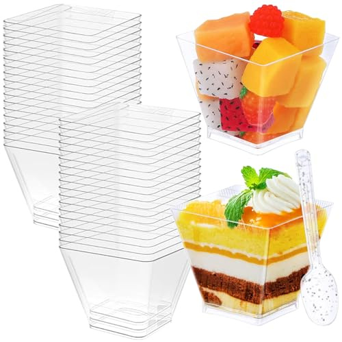 deegbbyi 50 st transparena fyrkantiga dessertkoppar, återanvändbara, 60 ml, minikoppar, fyrkantiga dessertkoppar med 50 skedar, för chokladpudding, fester, Thanksgiving, jul