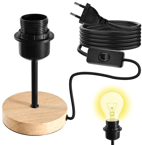 Begonia Base para lámpara de mesa E27, de madera y metal, casquillo E27 con anillo de rosca, cable e interruptor, 32 cm, para dormitorio, salón