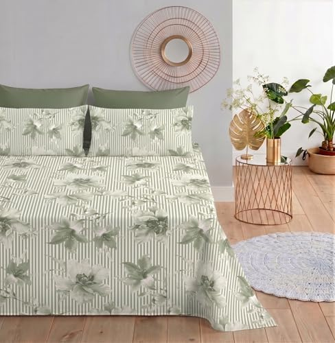 Filoro Set Lenzuola Matrimoniale 6 Pezzi, Verde, con 4 Federe, Fantasia Floreale e Righe, 100% Cotone, Made in Italy