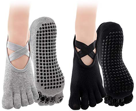 YINETTECH 2 Paar Anti-Rutsch Yoga 5 Zehen Socken Set Damen Vollzehen Workout Grau + Schwarz