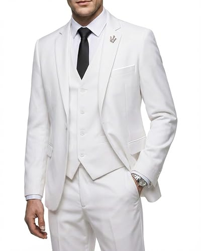 MY'S Men's 3 Piece Suit Set with Tie, One Button Slim Fit Jacket Vest & Pants, Party Wedding Prom Blazer Waistcoat & Trousers, Natural White Medium