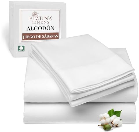 Pizuna Juego de Sabanas 150 x 190/200 cm Algodon Blanco, Lujoso Satén 100% Algodón de Fibra Larga de 400 Hilos Sabanas 150 cm con 1 Sabana Encimera, 1 Sabana Bajera, 2 Funda Almohada