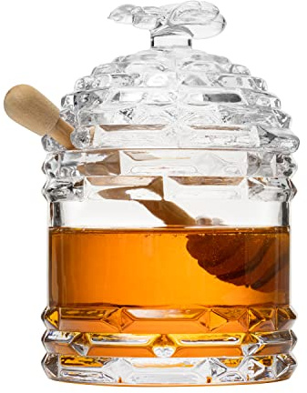 Crystal Bee Honey Dish Jar with Dipper and Lid – Elegant Glass Beehive Honey Pot for Rosh Hashanah, Holidays, Kitchen Table, Jam, Jelly, Syrup, 14oz Honey Server Gift, Gorgeous Bee Decor Gifts