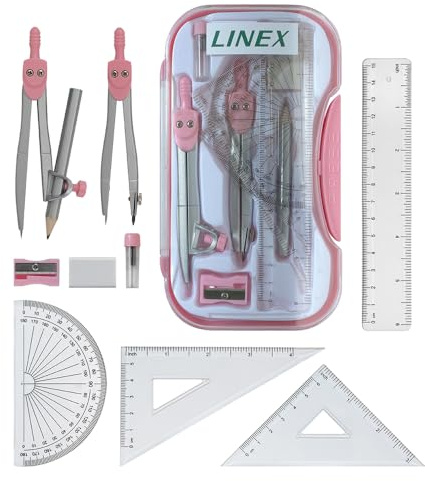 Linex matematik geometri set med transparent fodral – rosa 10-delars undersökningskit med kompass, gradskiva, linjal, set fyrkanter och suddgummi