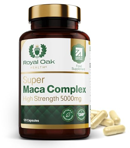 Super Maca Root Complex 5,000mg High Potency Black + Yellow Maca Extract with Panax Ginseng, L-Arginine & Black Pepper (120 Capsules / 4 Month Supply) Made in UK by Royal Oak Health