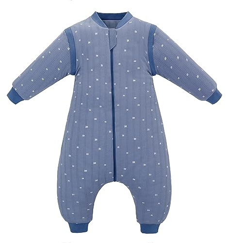 Saco de dormir para bebé con patas 2,5 TOG, manta portátil para niños pequeños con mangas largas extraíbles, unisex 100% algodón, saco de dormir de invierno para niños pequeños,Azul-Gris S/80