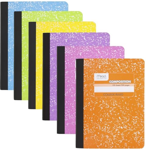 Mead Composition Notebook, 6 Pack, College Ruled Paper, 7-1/2 x 9-3/4, 100 Sheets per Comp Book, Assorted Colors (850106-ECM)