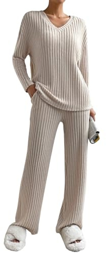 Yutdeng Tuta Donna in Maglia Maniche Lunghe Completo Sportiva con Pantaloni Autunno Invernale Maglioni Comode Scollo V e Pantalone con Tasche Set Pigiama Abbigliamento Lounge,Albicocca,L