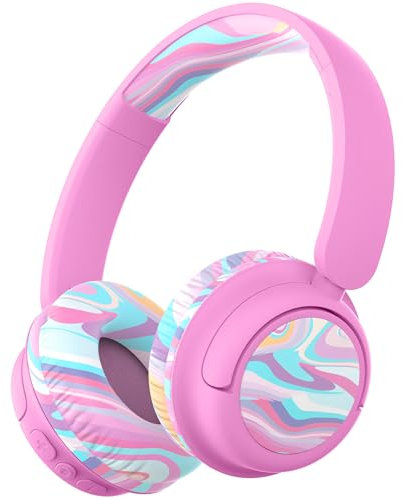 iClever BTH22 Bluetooth-hörlurar för barn, 60H speltid, 74/85 dBA säker volym, Bluetooth 5.4, USB C, Over Ear barnhörlurar trådlösa med mikrofon AUX-sladd för iPad/surfplatta/resor/skola, rosa-rand