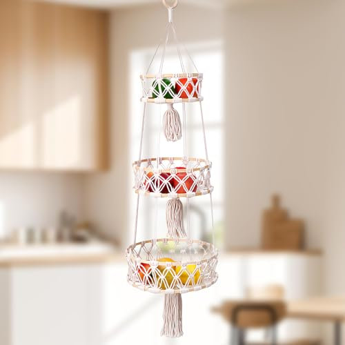 SUNOYA Cesto per Frutta da Appendere 3 Livelli, Cestino Sospeso, Cesto di Frutta da Parete, Stile Bohémien, per Cucina, Soggiorno, Bagno, Camera da Letto