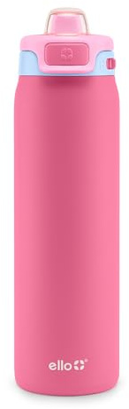 Ello Pop 22oz Stainless Steel Water Bottle with Quick Fill & Double Walled Vacuum Insulated Metal, Leak Proof Locking Lid, Sip and Chug, BPA Free, Cherry Breeze