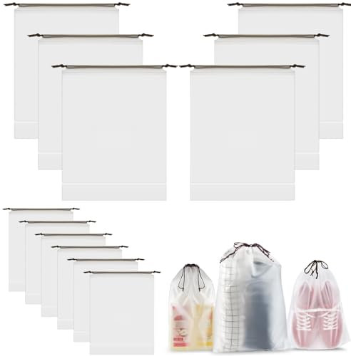 12 Stück Schuhbeutel Reise, Tragbare Schuhtasche Transparente, PE wasserdichte Schuhtaschen mit Zugband, Schuhsack Reise Travel Essentials für Männer und Frauen (2 Größen)