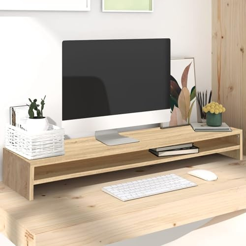 Gecheer Sonoma ek monitorstativ, 100 x 24 x 13 cm, spånskiva, skrivbordsskärmhöjare med hylla för dator, TV, skrivare, medieenheter
