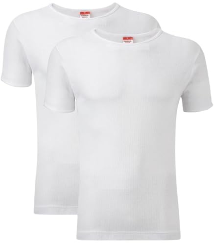 Crazy Fashion Pack of 2 Thermal Tops Men’s - Short Sleeve Plain Round Neck Mens Top Warm T-Shirt Underwear Baselayer Cotton Thermals (White, UK Large)