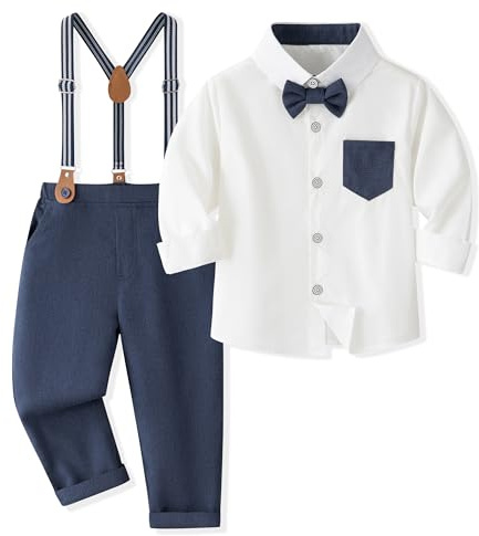 Volunboy Baby pojkar kostym set kläder skjorta med fluga hängslen byxor sparkbyxor kostym, Mörkblå, 18-24 månader