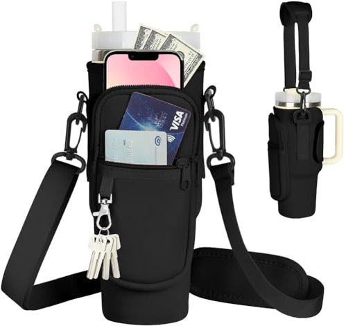AYESY Bolsa para Stanley Cup, 1,2 l/40oz Bolsa Porta Botella de Agua para Stanley Tumbler, Funda Termica Botella Agua con Correa de Hombro Ajustable y Mosquetón para Viajes, Camping, Ciclismo-Negro