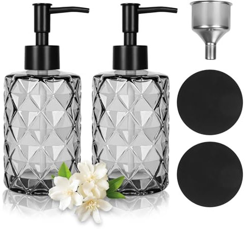 KIMIGO 2 Dispenser Sapone Nero Vetro,Dispenser di Sapone Antiscivolo Per il Bagno Cucina,330ML Porta Sapone Liquido con Imbuto in Acciaio Inossidabile e 2 Sottobicchiere,per Sapone,Shampoo e Lozione