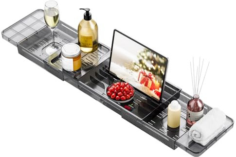 Plateau Baignoire Noir, Tablette Baignoire Plastique, Pont de Baignoire Extensible, Planche de Bain Pouvant Contenir Ipad, Coupe à Vin, Téléphone, Une Bougie, Arôme, Accessoires Spa (Noir)