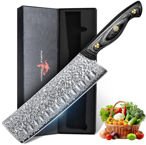 Purple Dragon Damaskus Nakiri Messer 7 Zoll, Messer mit scharfem Rand und Holzgriff Hand geschmiedete Kochmesser für den Hausgebrauch, Fleisch Gemüse Fischmesser, Geburtstagsgeschenk